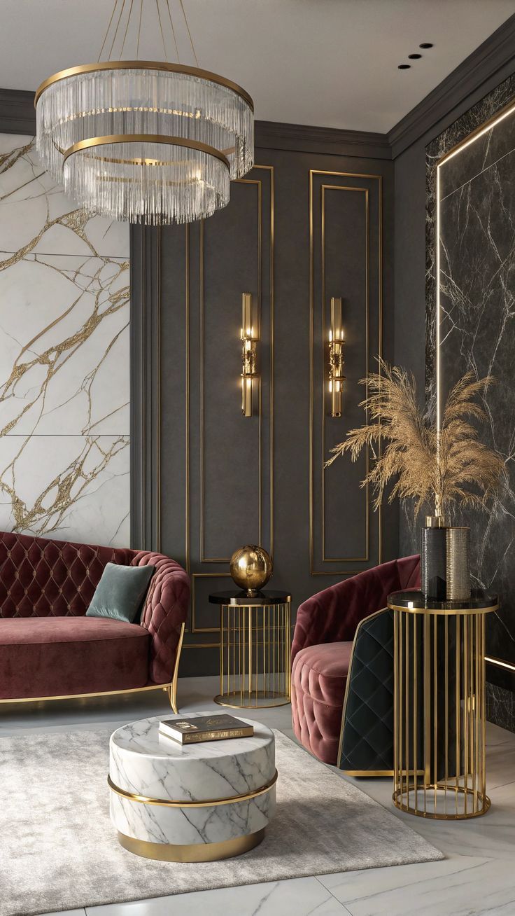 Lüks salon dekorasyonu – glam tarz ilham görseli